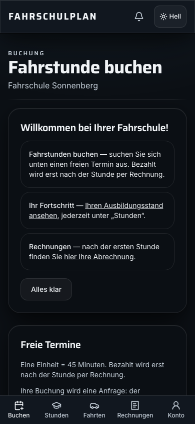 Der Schüler sieht freie Zeiten und bucht selbst — am Handy, ohne Anruf.