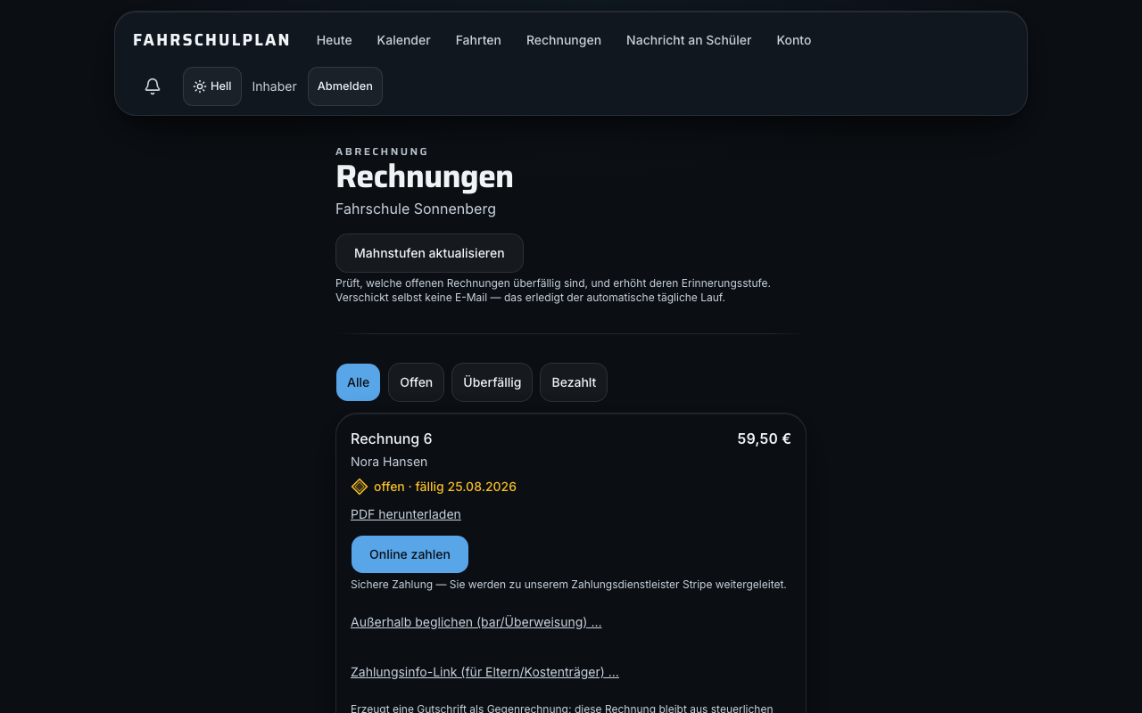 Alle Rechnungen mit ihrem Stand: offen, überfällig oder bezahlt.